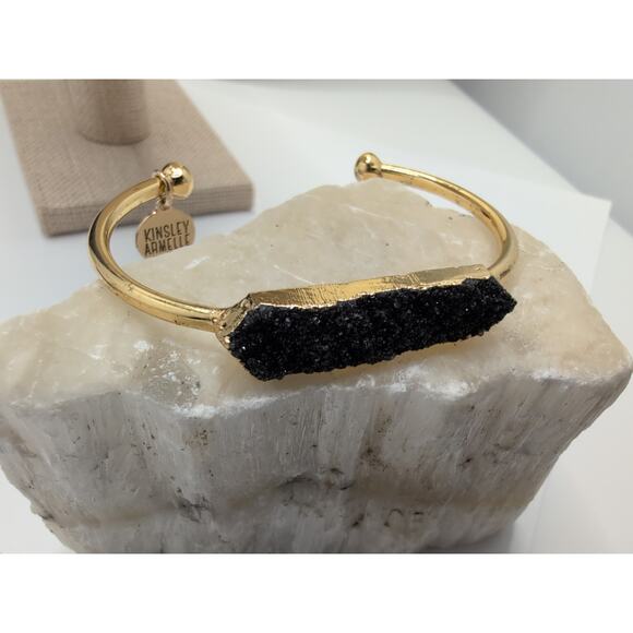 Kinsley Armelle Black Druzy Quartz Bangle Cuff Bracelet Gold Tone - Picture 3 of 6